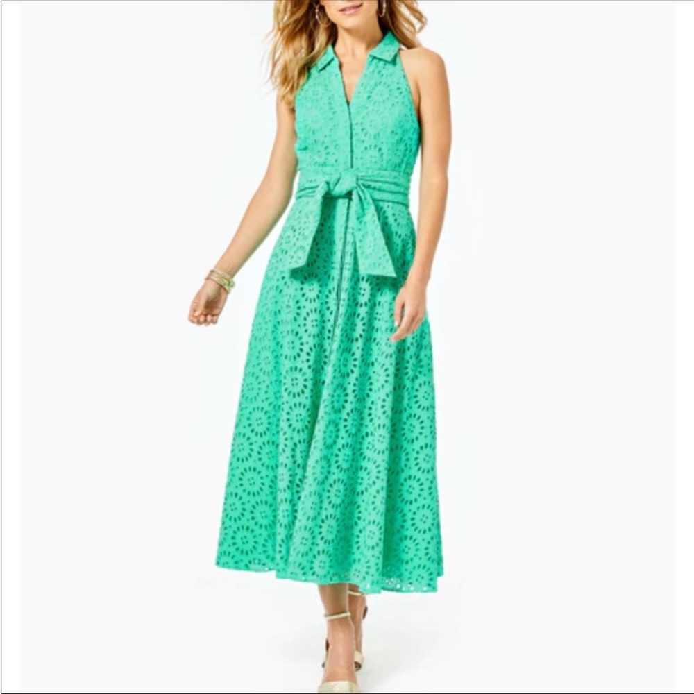 2 Lilly Pulitzer Chrisella Midi Shirtdress Gustavia Green Beach Paradise Eyelet